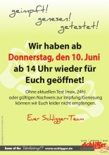Geimpft, genesen, getestet? Wir öffnen am Donnerstag, 10.06., wieder unsere heiligen Pforten! (28.05.21) | News | Bistro Schligger – Die kultige Kneipe im Herzen von Leinzell bistro-schligger news allgemein corona eröffnung